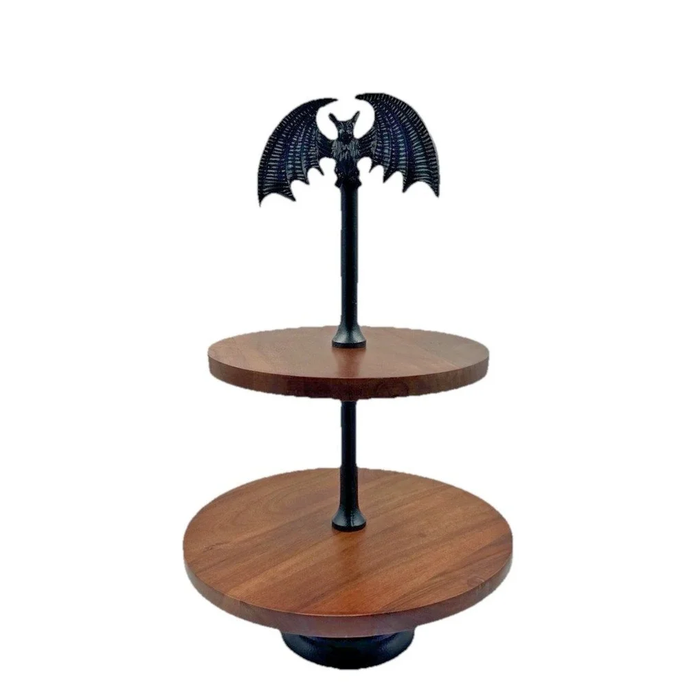 Halloween Bat 2 Tier Serving Tray Stand Gothic Black Metal & Wood Desert Cupcake